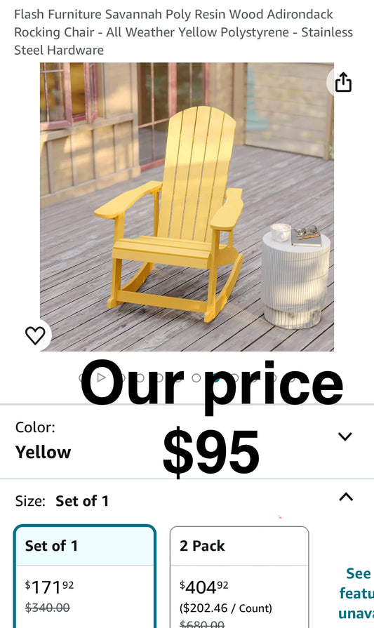 Flash Furniture Savannah Poly Resin Wood Adirondack Rocking Chair - All Weather Yellow Polystyrene - Stainless Steel Hardware