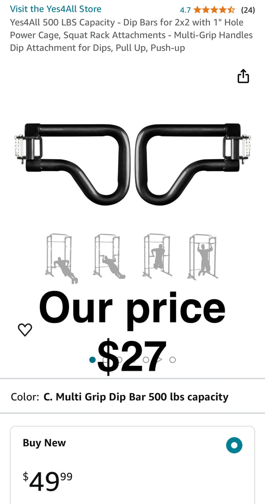 Yes4All 500 LBS Capacity - Dip Bars for 2x2 with 1" Hole Power Cage, Squat Rack Attachments - Multi-Grip Handles Dip Attachment for Dips, Pull Up, Push-up