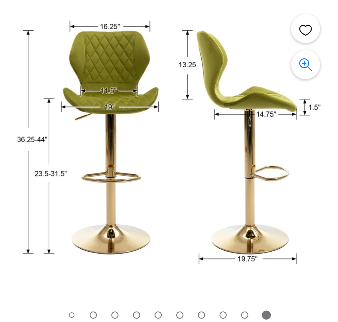 Guyou Adjustable Swivel Bar Stools Set of 2, Modern Velvet Counter Height Chairs with Backrest and Footrest for Kitchen Island Bar Restaurant, Green