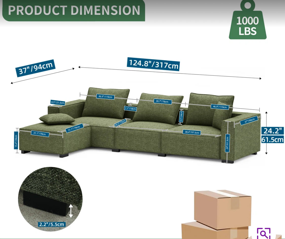 Kerens Luxe Modular Sectional Sofa Set
- Modern L-Shaped Couch with Ottoman, Linen-Like Fabric in Green/ Blue