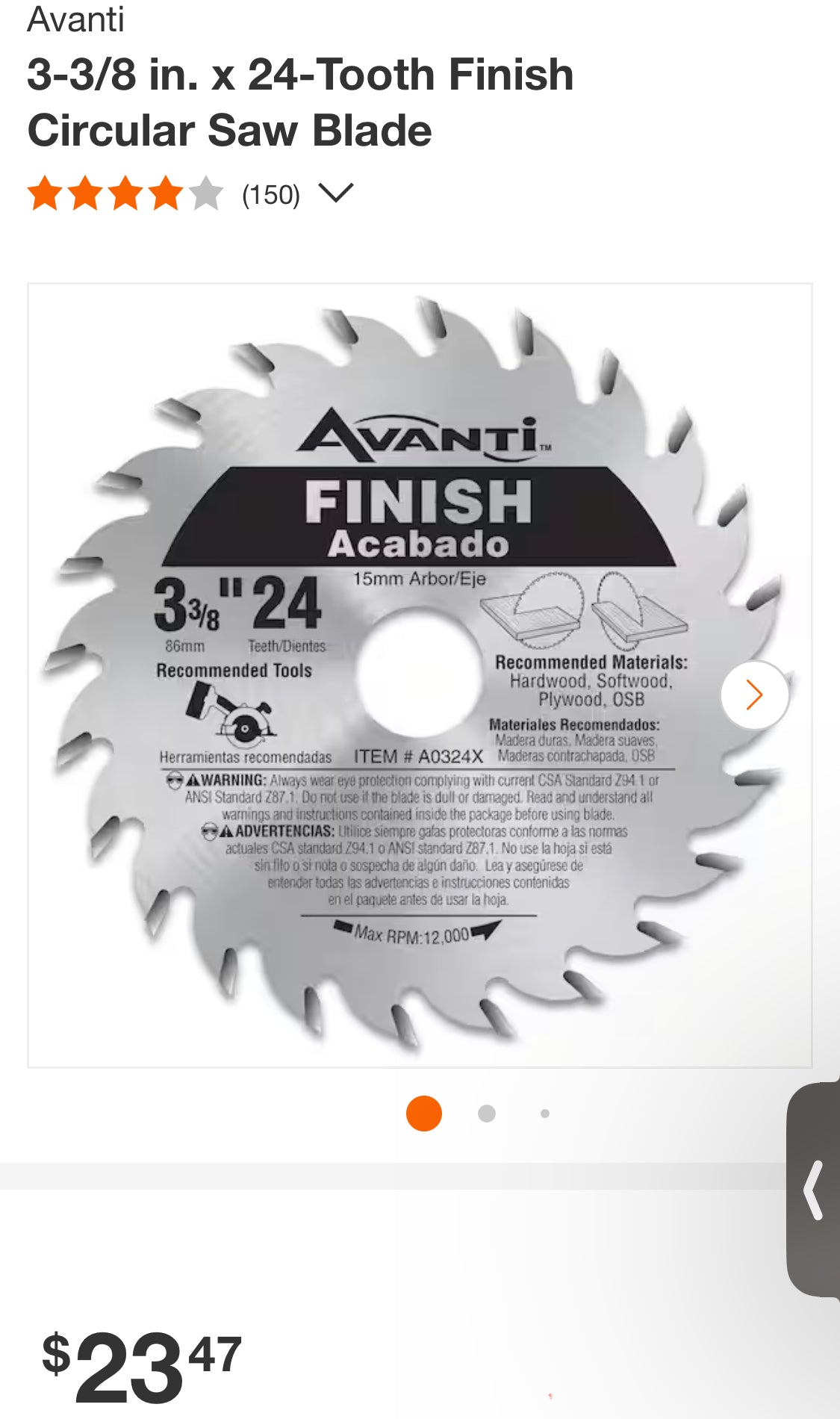 Avanti
3-3/8 in. x 24-Tooth Finish Circular Saw Blade