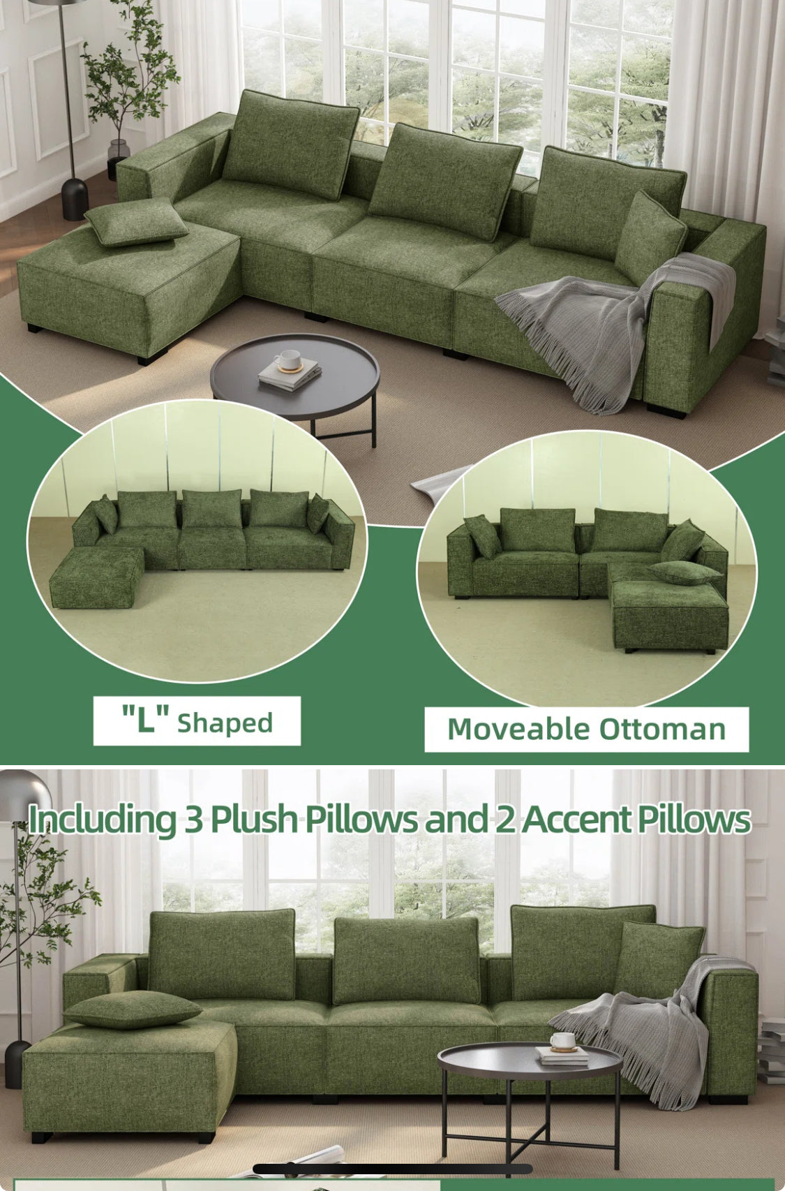 Kerens Luxe Modular Sectional Sofa Set
- Modern L-Shaped Couch with Ottoman, Linen-Like Fabric in Green/ Blue