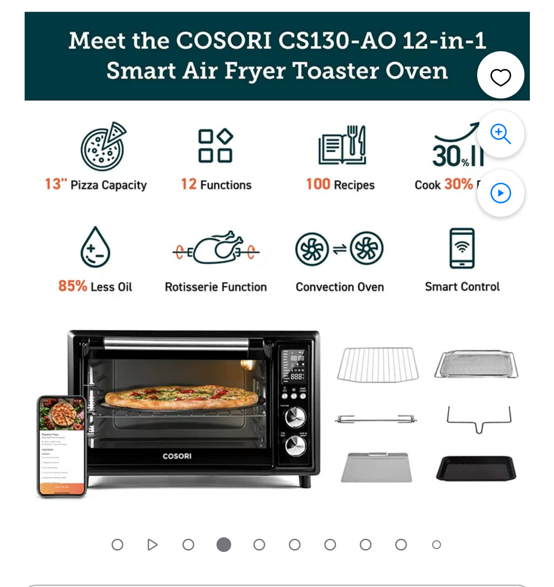 COSORI Smart 12-in-1 Air Fryer Toaster Oven Combo Convection Rotisserie & Dehydrator for Chicken, Pizza and Cookies, Recipe&Accessories Included, 30L, Silver – A Certified for Humans Device