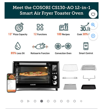 COSORI Smart 12-in-1 Air Fryer Toaster Oven Combo Convection Rotisserie & Dehydrator for Chicken, Pizza and Cookies, Recipe&Accessories Included, 30L, Silver – A Certified for Humans Device