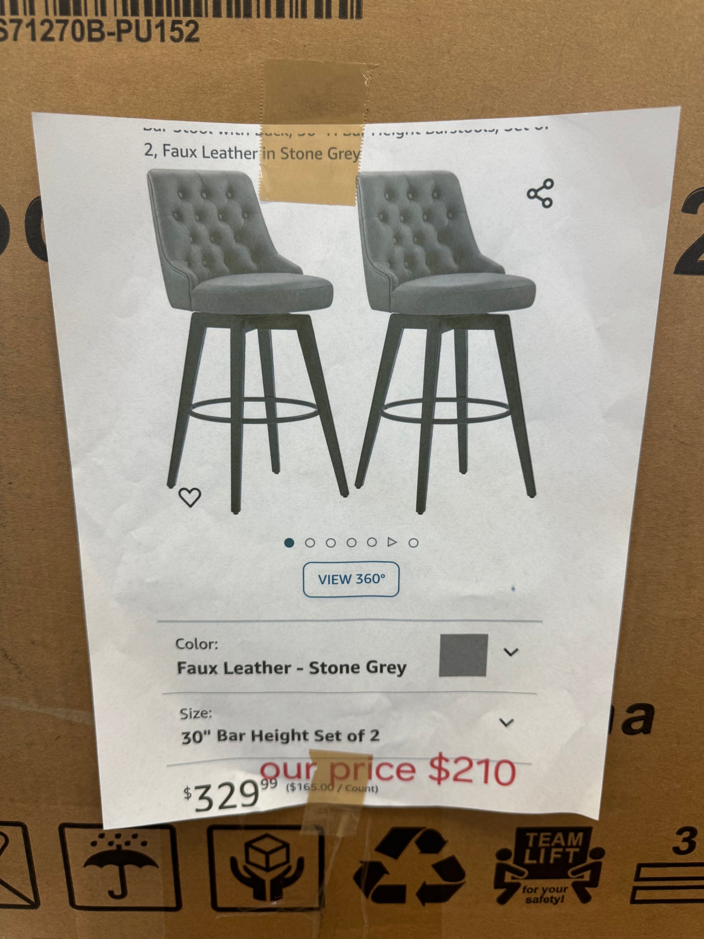 30 inch Swivel Upholstered Counter Height Bar Stools with Tufted Back Set of 2, Faux Leather in Stone Gray