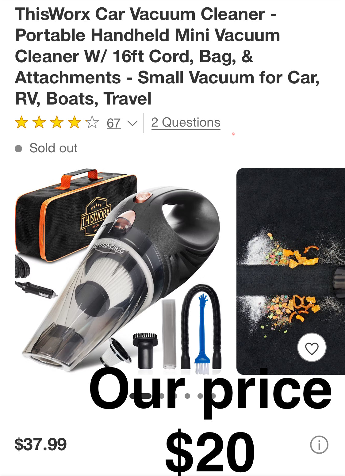 ThisWorx Car Vacuum Cleaner - Portable Handheld Mini Vacuum Cleaner W/ 16ft Cord, Bag, & Attachments - Small Vacuum for Car, RV, Boats, Travel