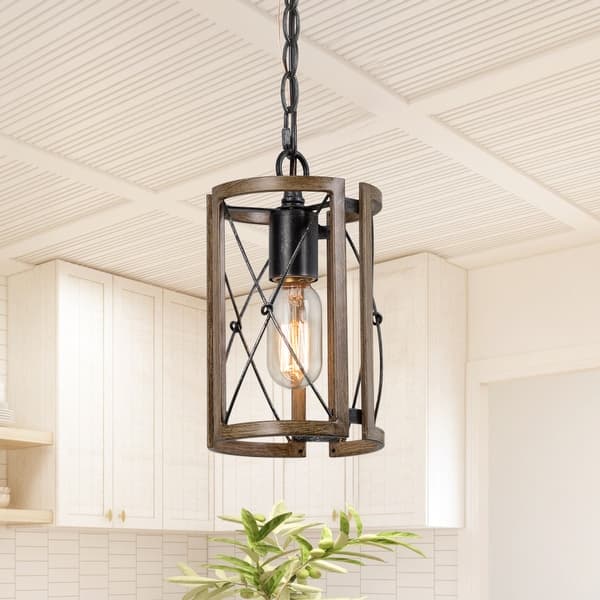 Modern Farmhouse 3-Light Cylinder Pendant Lights Industrial Wood Grain Kitchen Island Lights for Dining Room - D5.5"xH9" - 1-Light